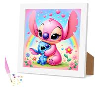 QINRUBB DIY Cute Stitch Diamond Painting Kits with Wooden Frame, Full Drill Rainbow Diamond Art Kit for Beginners Elderly, 5D Flowers Painting by Numbers DIY Craft Kits for Home Wall Decor 18x18 cm