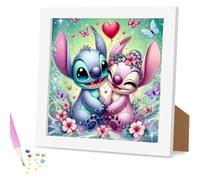 QINRUBB DIY Stitch Couple Diamond Painting Kits with Wooden Frame, Full Drill Butterfly Diamond Art Kit for Beginners Elderly, 5D Love Painting by Numbers DIY Craft Kits for Home Wall Decor 18x18 cm