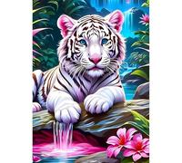 QINRUBB DIY Tigre Blanc Peinture Diamant Painting Kit, 5D Tigre Art du Diamant Complet Kits, Fleurs Diamond Art Kits Point de Croix Painting pour Adultes Débutants Maison Décor 30X40cm