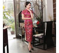 Qipao chinois traditionnel en satin avec de jolis motifs floraux et des détails fendus élégants, complément parfait à toute garde-robe (XL rose rouge)