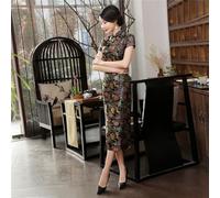 Qipao chinois traditionnel en satin avec de jolis motifs floraux et des détails fendus élégants, complément parfait à toute garde-robe (M noir)