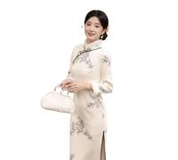 Qipao Sexy,Robe Chinoise À Manches Longues pour Femme Cheongsam Qipao Robe De Soirée, Col Mandarin Traditionnel Vintage Sexy Moulante Fente Longue Robe Slim Fit Robes D'Hiver pour Femmes Beige 3Xl