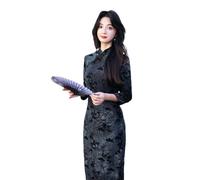 Qipao Sexy,Robe Chinoise À Manches Longues pour Femme Cheongsam Qipao Robe De Soirée, Col Mandarin Traditionnel Vintage Sexy Bodycon Slit Longue Robe Slim Fit À Manches Longues Robe Noire Noir Xx