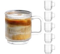 Qipecedm Lot de 6 tasses à café en verre de qualité supérieure avec poignée, 355 ml, à rayures verticales, tasses à thé transparentes pour boissons chaudes/froides, ensemble de verrerie pour