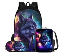 QIQISE Cool Tiger Ensemble sac à dos pour enfants de 8 à 10 ans avec boîte à déjeuner, trousse à crayons, sac à dos fantaisie pour tout-petits cartable léger 3 pièces, Galaxy Wolf., Taille unique