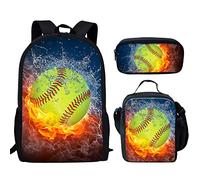 QIQISE Ensemble cartable pour enfants comprenant une trousse à crayons, un sac à déjeuner et un sac à dos pour enfants, Baseball Fire Water, Taille unique, Sacs à dos traditionnels