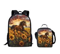 QIQISE Ensemble sac à dos pour garçon Motif basketball passant à travers le filet Sac d'école 2 pièces pour ordinateur portable et glacière, Cheval tournesol, taille unique