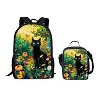 QIQISE Ensemble sac à dos pour garçon Motif basketball passant à travers le filet Sac d'école 2 pièces pour ordinateur portable et glacière, Chat noir floral, taille unique