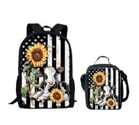 QIQISE Ensemble sac à dos pour garçon Motif basketball passant à travers le filet Sac d'école 2 pièces pour ordinateur portable et glacière, Vache tournesol drapeau américain, taille unique
