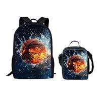 QIQISE Ensemble sac à dos pour garçon Motif basketball passant à travers le filet Sac d'école 2 pièces pour ordinateur portable et glacière, Ballon de basket à eau et feu, taille unique