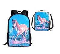 QIQISE Ensemble sac à dos pour garçon Motif basketball passant à travers le filet Sac d'école 2 pièces pour ordinateur portable et glacière, Cheval courant., taille unique