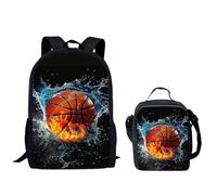 QIQISE Ensemble sac à dos pour garçon Motif basketball passant à travers le filet Sac d'école 2 pièces pour ordinateur portable et glacière, Ballon de basket avec feu et glace sur fond noir, taille