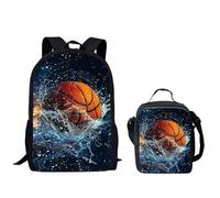 QIQISE Ensemble sac à dos pour garçon Motif basketball passant à travers le filet Sac d'école 2 pièces pour ordinateur portable et glacière, Basketball avec feu et glace, taille unique