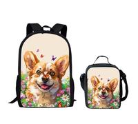 QIQISE Ensemble sac à dos pour garçon Motif basketball passant à travers le filet Sac d'école 2 pièces pour ordinateur portable et glacière, Funny Corgi, taille unique