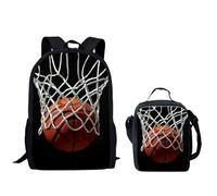 QIQISE Ensemble sac à dos pour garçon Motif basketball passant à travers le filet Sac d'école 2 pièces pour ordinateur portable et glacière, Basketball passant par le filet, taille unique