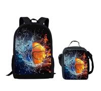 QIQISE Ensemble sac à dos pour garçon Motif basketball passant à travers le filet Sac d'école 2 pièces pour ordinateur portable et glacière, Basketball Ice and Fire, taille unique