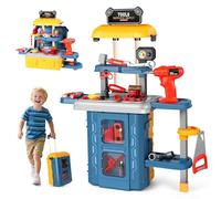 QiquBox 3 en 1 Outils et Etabli Werkzeugkoffer Kinder Werkzeug - 46 Pièces Etabli Enfant Spielzeug Boite Outils Jouet Bricolage Enfant mit Électrique Perceuse, Cadeau Noël pour Enfant 3 Ans+
