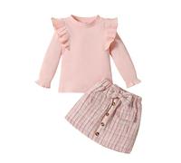 Qiraoxy Vêtements Bébé Fille Haut Manches Longues + Jupe Plaid Ligne Ensemble Vêtements Mode Jeune Fille 2Pcs Ensemble 1-6 ans