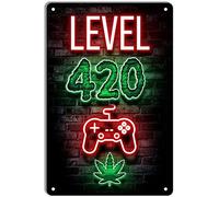 QIRIUS Plaque en métal avec inscription « Level 420 High Gaming weed », décoration murale amusante pour bar, pub, homme, café, maison, cuisine, salle de jeux, garage, plaque rétro vintage 30,5 x 20,3
