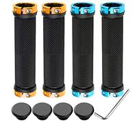 QitinDasen 2 Paire Premium Poignées de Vélo, Poignée de Velo Ergonomique, Poignée de Guidon de Vélo en Caoutchouc Antidérapant, Poignée VTT Poignée BMX, Protecteur de Guidon de Vélo (Doré + Bleu)