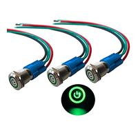 QitinDasen 3Pcs Premium 12V / 24V 3A Interrupteur à Bouton-Poussoir Auto-Bloquant, Commutateur Bouton-Poussoir 12mm, Vert LED Interrupteur Etanche IP66 avec Fil de Prise de Courant
