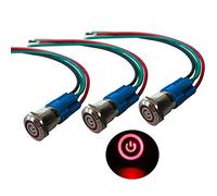 QitinDasen 3Pcs Premium 12V / 24V 3A Interrupteur à Bouton-Poussoir Auto-Bloquant, Commutateur Bouton-Poussoir 12mm, Rouge LED Interrupteur Etanche IP66 avec Fil de Prise de Courant