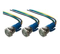 QitinDasen 3Pcs Premium 12V / 24V 5A Interrupteur à Bouton-Poussoir Auto-Bloquant, Commutateur Bouton-Poussoir 16mm, Vert LED Interrupteur Etanche IP67 avec Fil de Prise de Courant