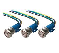 QitinDasen 3Pcs Premium 12V / 24V 5A Interrupteur à Bouton-Poussoir Auto-Bloquant, Commutateur Bouton-Poussoir 16mm, Rouge LED Interrupteur Etanche IP67 avec Fil de Prise de Courant