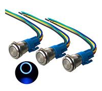 QitinDasen 3Pcs Premium 12V / 24V 5A Interrupteur à Bouton-Poussoir Momentané, Commutateur Bouton-Poussoir 16mm, Bleu LED Interrupteur Etanche IP67 avec Fil de Prise de Courant