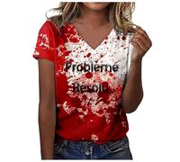 QIUhhpuy Problème Résolu T Shirt Femme Col V Deguisement Halloween Femme Bloody Horror Halloween Blood à Manches Courtes T Shirt Vampire Déguisement Zombie Costume Tshirt Sang