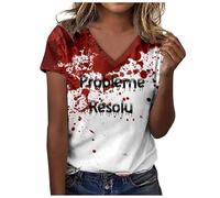 QIUhhpuy Problème Résolu T Shirt Femme Col V Deguisement Halloween Femme Bloody Horror Halloween Blood à Manches Courtes T Shirt Vampire Déguisement Zombie Costume Tshirt Sang