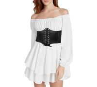 QIUhhpuy Robe Blanche Courte Robe Pirate Blanche pour Femmes avec Shorts IntéGréS en Dessous Manches Longues/Courtes éPaules DéNudéEs à Volants Coupe TrapèZe 2 en 1 Courte Style BohèMe D’éTé De Plage