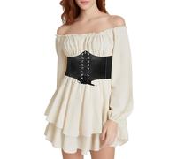 QIUhhpuy Robe Blanche Courte Robe Pirate Blanche pour Femmes avec Shorts IntéGréS en Dessous Manches Longues/Courtes éPaules DéNudéEs à Volants Coupe TrapèZe 2 en 1 Courte Style BohèMe D’éTé De Plage