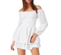 QIUhhpuy Robe Blanche Courte Robe Pirate Blanche pour Femmes avec Shorts IntéGréS en Dessous Manches Longues/Courtes éPaules DéNudéEs à Volants Coupe TrapèZe 2 en 1 Courte Style BohèMe D’éTé De Plage
