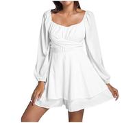 QIUhhpuy Robe Blanche Courte Robe Pirate Blanche pour Femmes avec Shorts IntéGréS en Dessous Manches Longues/Courtes éPaules DéNudéEs à Volants Coupe TrapèZe 2 en 1 Courte Style BohèMe D’éTé De Plage