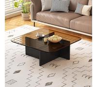 QIUHTR Table Basse Carrée en Verre Trempé, Table D’appoint Moderne Minimaliste, Table Centrale Basse pour Salon, Chambre, Balcon, Appartement, Bureau, Espace D’Accueil(Brown+Black,70 * 70 * 35cm)