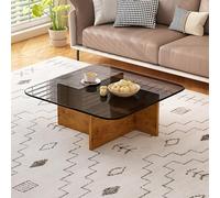 QIUHTR Table Basse Carrée en Verre Trempé, Table D’appoint Moderne Minimaliste, Table Centrale Basse pour Salon, Chambre, Balcon, Appartement, Bureau, Espace D’Accueil(Gray+Oak,80 * 80 * 35cm)