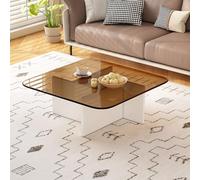 QIUHTR Table Basse Carrée en Verre Trempé, Table D’appoint Moderne Minimaliste, Table Centrale Basse pour Salon, Chambre, Balcon, Appartement, Bureau, Espace D’Accueil(Brown+White,80 * 80 * 35cm)