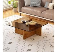 QIUHTR Table Basse Carrée en Verre Trempé, Table D’appoint Moderne Minimaliste, Table Centrale Basse pour Salon, Chambre, Balcon, Appartement, Bureau, Espace D’Accueil(Brown+Oak,80 * 80 * 35cm)