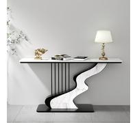 QIUHTR Table Console Moderne avec Plateau en Pierre Sinterisée,Table de Canapé Minimaliste avec Cadre en Fer Forgé,Table d'Entrée Design Harpe pour Hall,pour Salon,Bureau(White+Black,150cm)