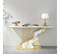 QIUHTR Table Console Moderne avec Plateau en Pierre Sinterisée,Table de Canapé Minimaliste avec Cadre en Fer Forgé,Table d'Entrée Design Harpe pour Hall,pour Salon,Bureau(White+Gold,120cm)