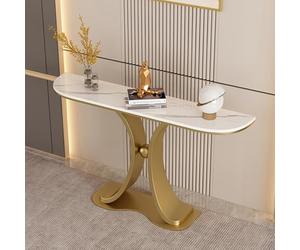 QIUHTR Table Console Moderne en Marbre,Table d'Entrée avec Plateau en Pierre Sinterisée,Facile à Nettoyer,Montage Facile,Table Sofa pour Salon,Hall,Entrée,Chambre(Gold1,150cm)