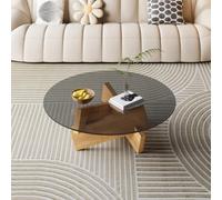 QIUHTR Table Ronde Basse Verre avec Pieds en Bois Massif,Simple Petite Table De Salon,pour Salon et Bureau,Design Unique,Économisez de l'espace(Natural,80 * 80 * 31cm)
