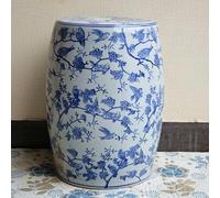 QIUHTR Tabouret de Jardin en Céramique Bleu et Blanc, Peint à la Main avec Fleurs et Oiseaux, Tambour Creux, Table d’Appoint ou Repose-Pieds pour Salon & Salle de Bain