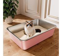 Qiuma Grande litière en acier inoxydable pour chat avec côté haut pour grands et petits chats, antiadhésive, facile à nettoyer, sans odeur, 59,4 x 49,2 x 15,2 cm (L x l x H), rose pâle