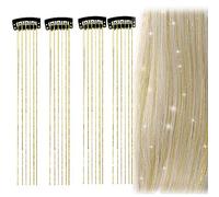 QIUMING 4 pièces Paillettes Mèches de Cheveux Mèches de Cheveux Tinsel Tinsel Hair Tinsel Extension Cheveux Clinquant D'extension de Cheveux pour les femmes pour Noël Halloween et autres fêtes (Gold)