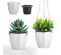 Qiumyanlod Jardinière Boule Disco,Pot de Fleur Suspendu Boule à Facette,Argentés Miroir Boule Disco Vase,Paillette Boule à Facette Deco Cache Pot pour Plante,avec Chaîne,Cadeaux Femmes,4 Zoll