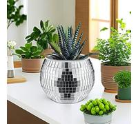 Qiumyanlod Pot de fleurs disco en verre, pot de fleurs miroir argenté, support de plante disco, vase à boule disco, décoration disco bohème pour plantes d'intérieur, cactus succulents, 7,6 x 10,2 x