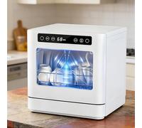 QIUNAOZI Lave-Vaisselle De Comptoir Multiprogrammes, 5 Programmes, Haute Température 75 °C/167 °F, Double Arrivée d'eau, Double Jet À 360°, Lave 8 Bols Et Assiettes, pour Appartements, Camping-Cars