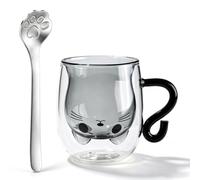 Qiundar Tasse Chat avec Cuillère en Acier Inoxydable，1 Chargement | Verre borosilicaté, isolant, 250 300ml, cuillère patte, acier inox 304, cadeau original, amoureux des chats, boisson chaude